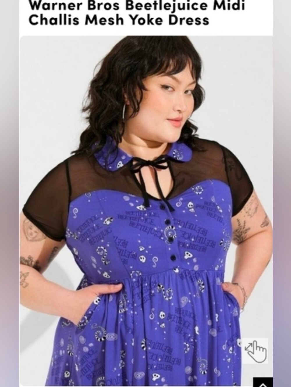 Torrid Beetlejuice challis mesh yoke dress, featuring a vibrant purple graphic